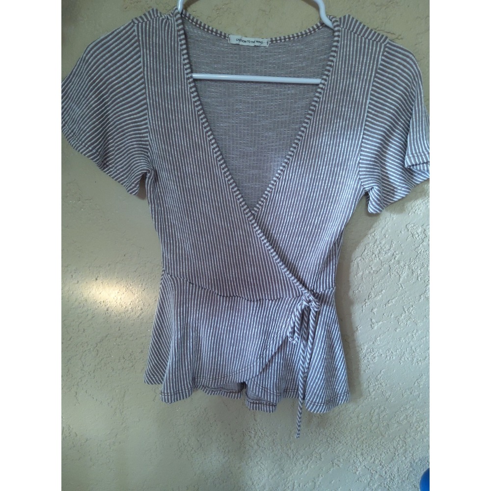 Caution to the Wind Striped Ribbed Wrap Top Taupe White Peplum Short Sleeve